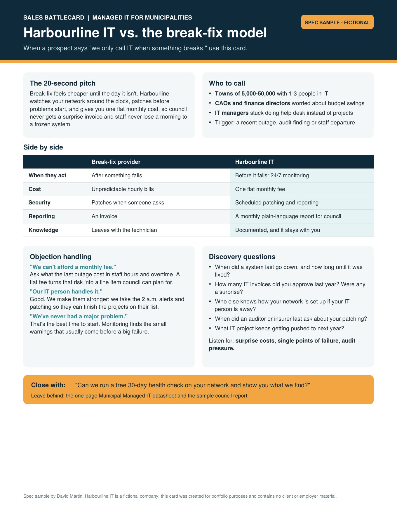 Sample sales battlecard for a fictional IT company
